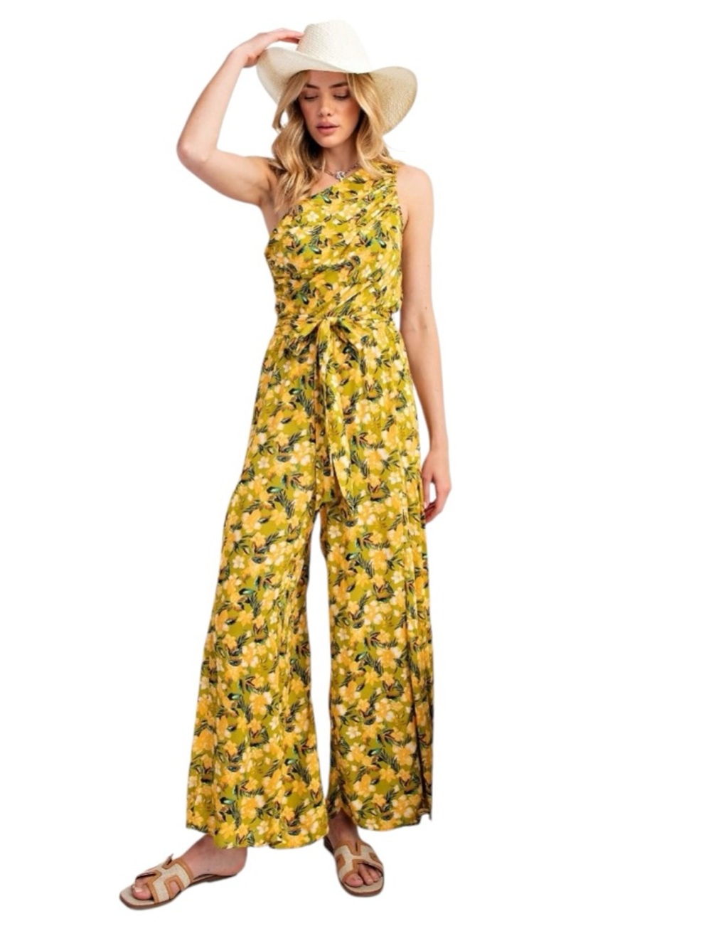 E4 One-Shoulder Floral Wide-Leg Jumpsuit in Yellow